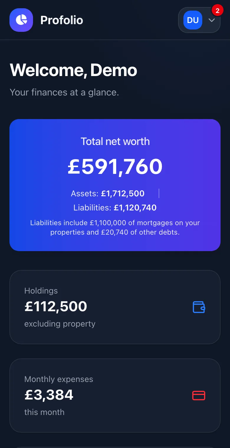Profolio dashboard showing example demo data: net worth, assets, liabilities, monthly spending and income, and properties