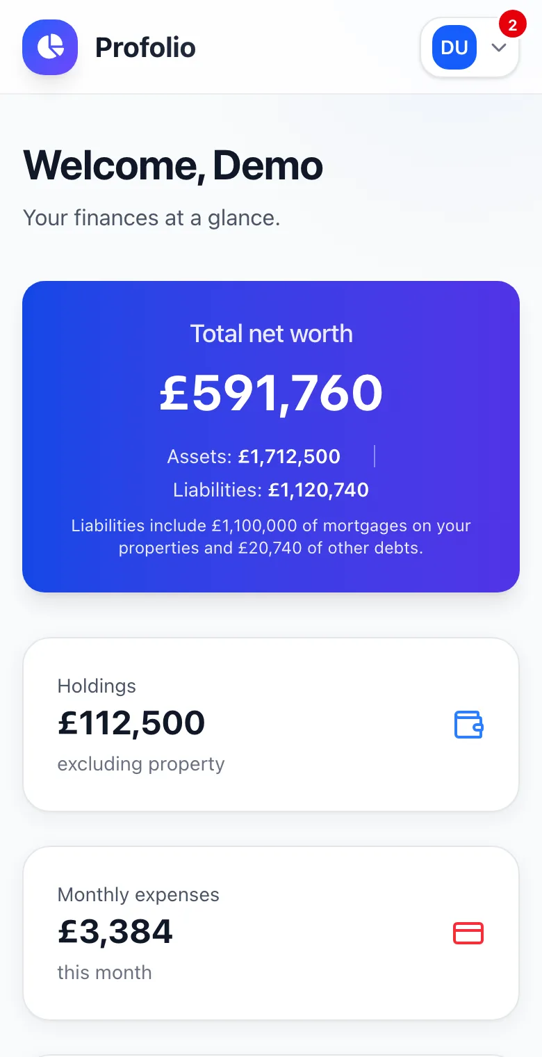 Profolio dashboard showing example demo data: net worth, assets, liabilities, monthly spending and income, and properties